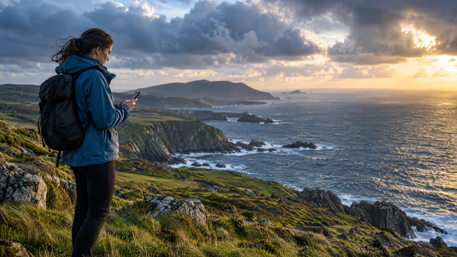 Hiker checking a mobile phone on the Irish coast